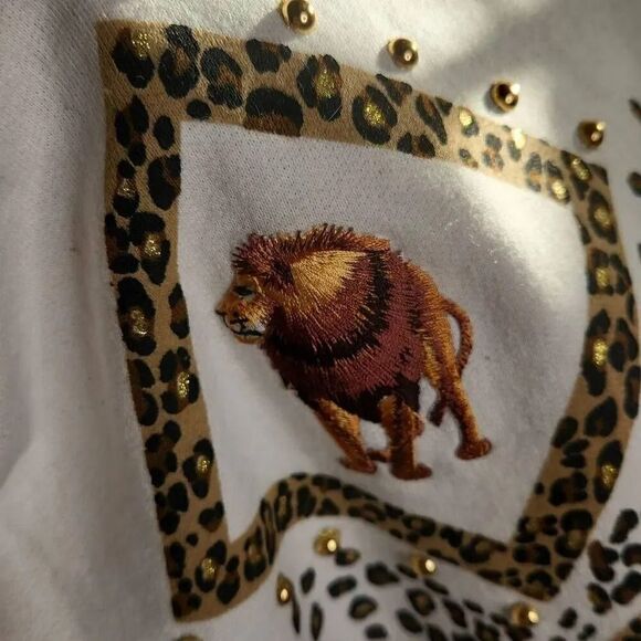 Vintage embroidered Leopard print cream sweatshirt women's size M - Picture 4 of 10